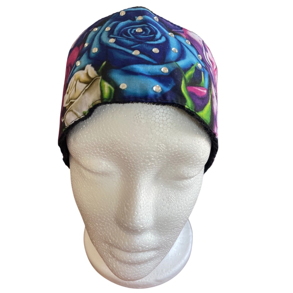 ChopTop Doo Wrap Headband Bandana Blue Rose Floral Rhinestone Biker Headwear‎ OS